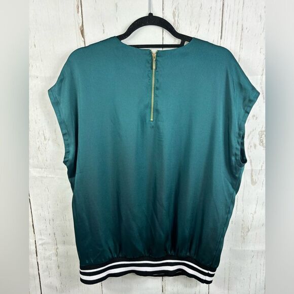 Express Green Emerald Satin Blouse Top Elastic Striped Bottom - Picture 4 of 9
